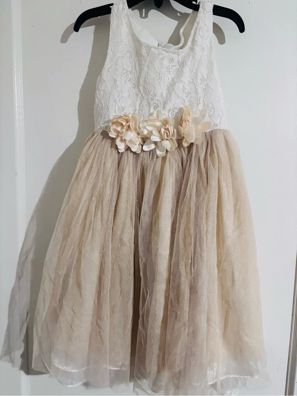 Sweet Heart Rose White Lace & Champagne Tulle Flower Girl Dress